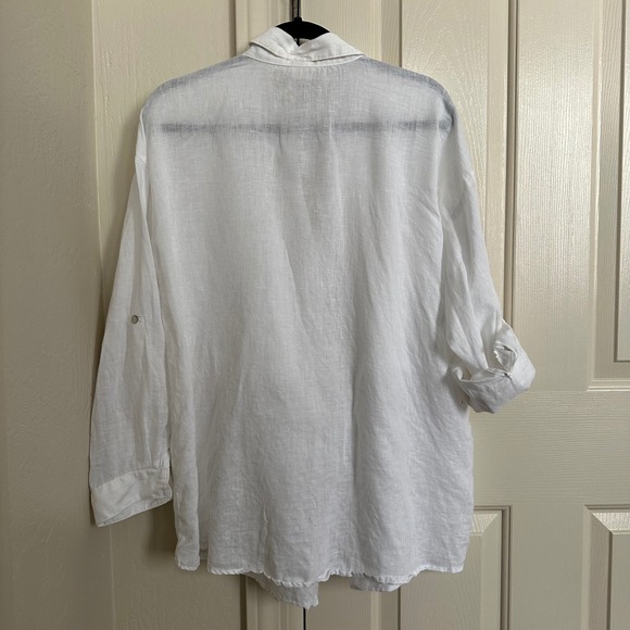 Magaschoni 100% Linen White Button-Down Shirt - Long Roll-Tab Sleeve - Size M - Picture 4 of 7